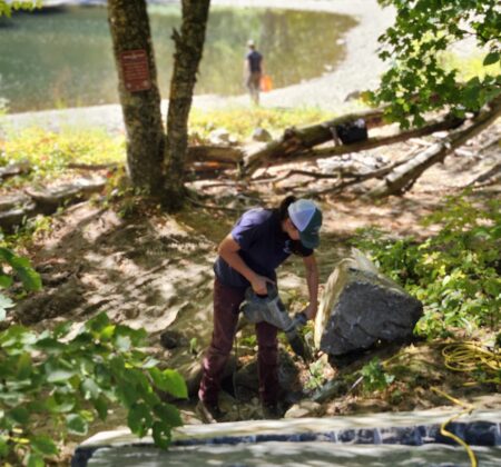 Hermit Woods Crew working on stone steps.