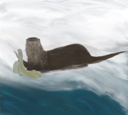 drawing of river otter holding a fish in snow