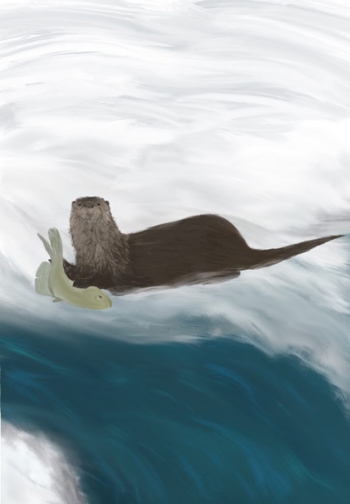 Drawing of a river otter holding a fish on a snowy river bank