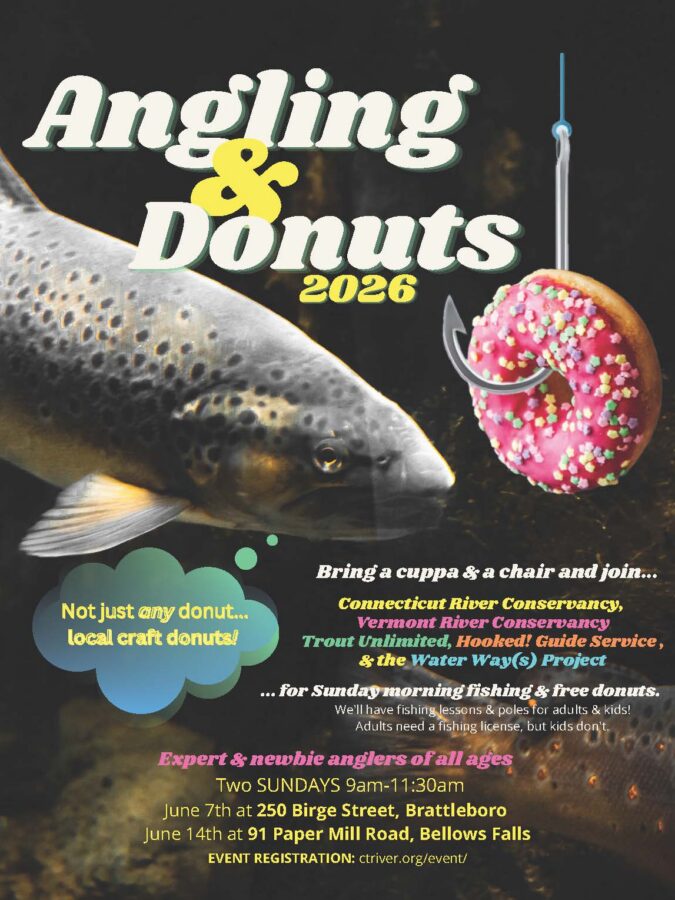 Angling and Donuts flyer with fish and fishing hook in a donut for event in Brattleboro, Vermont on June 7th