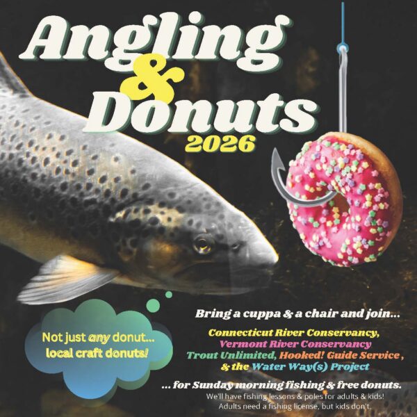 Angling and Donuts flyer with fish and fishing hook in a donut for event in Brattleboro, Vermont 
