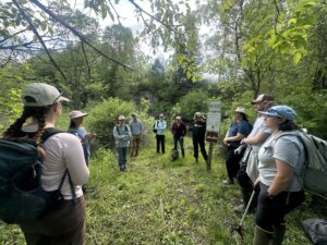VHCB AmeriCorps in a circle before picking up trash in the forest 5/29 on the Kingsbury Branch in East Montpelier