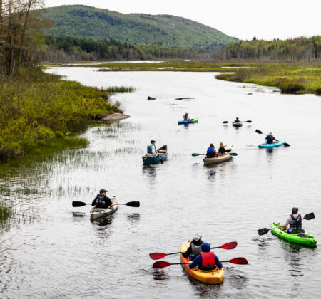 Group of kayakers and canoers paddling on the Clyde River fen wetland area on a cloudy day in celebration of World Fish Migration Day