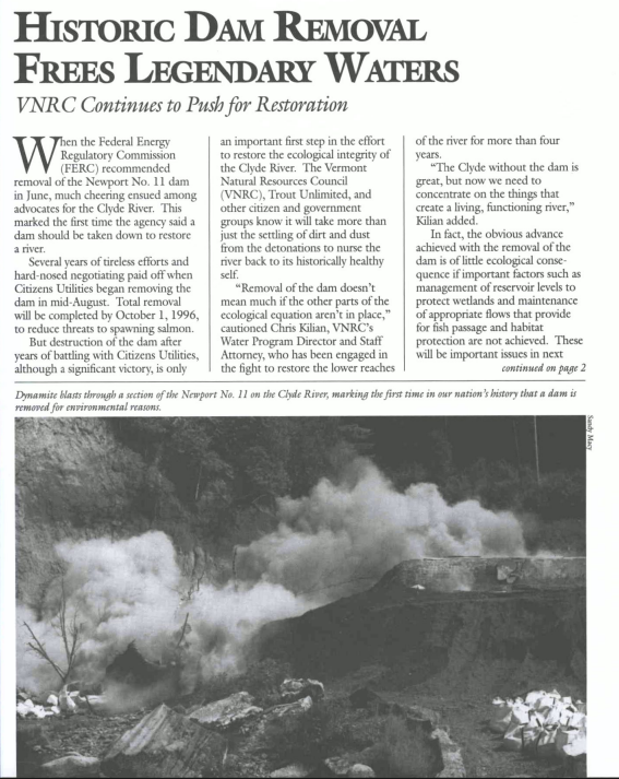 Dam removal #11 diversion dam on the Clyde River in Newport, Vermont for salmon population. Published by the Vermont Natural Resources Council, Inc