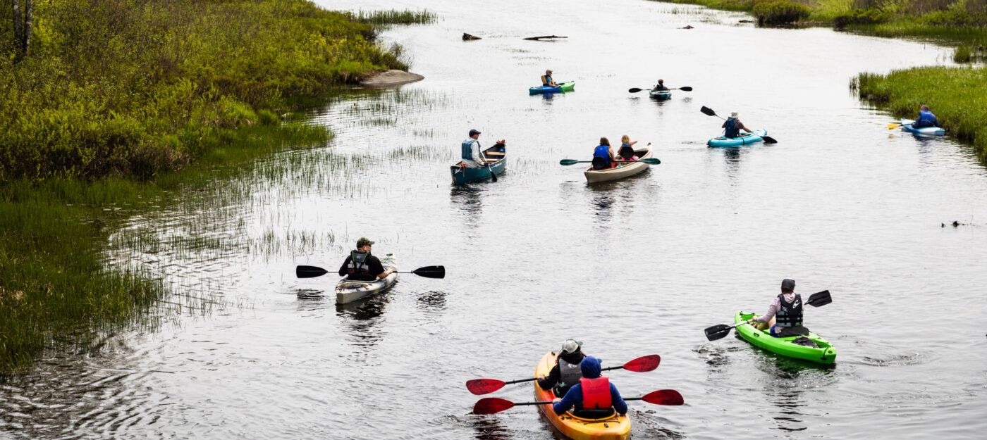 People paddling down the Clyde River fen on World Fish Migration Day, on May 23, 2026, in East Charleston, VT. Photographed by Evan L'Roy