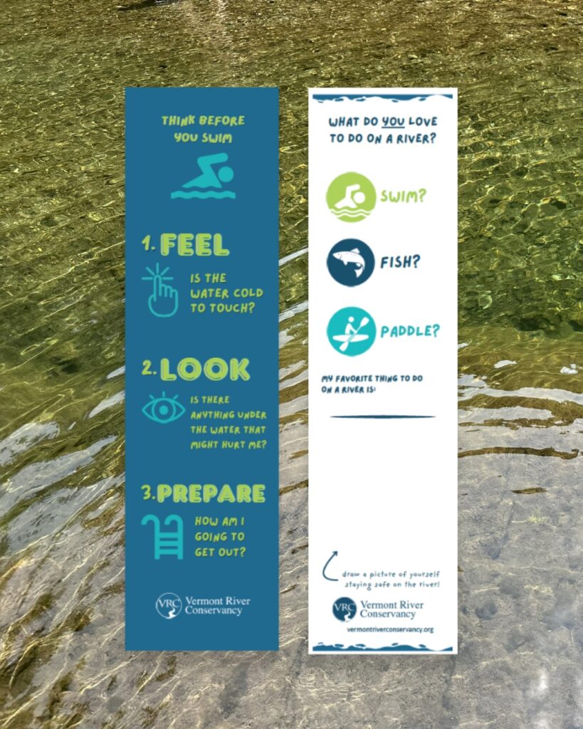 Vermont River Conservancy river swimming safety bookmark front and back design for kids