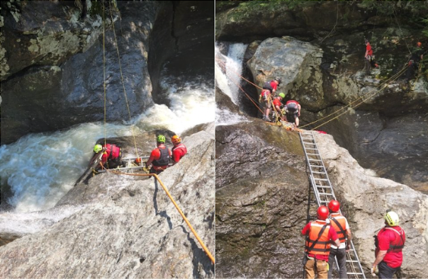Emergency responders conduct a drowning rescue at Bolton Potholes swimming hole, where very fast-moving, aerated water can create dangerous swimming conditions.