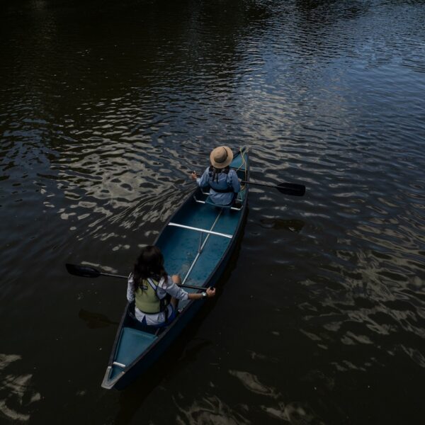 canoe drone side paddling above by evan kay
