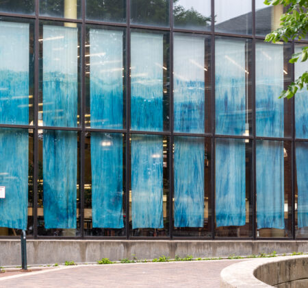 Blue Alchemy by Renee Greenlee, on view at Fletcher Free Library. This translucent cyan silk installation explores the beauty and movement of water through layered patterns inspired by natural processes, inviting viewers to reflect on our connection to rivers and aquatic ecosystems.